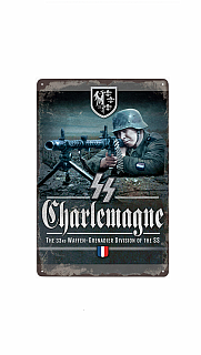 plechová cedule: 33. Waffen-Grenadier Division der SS „Charlemagne“