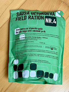 Lotyšská vojenská potravinová dávka MRE 12h Menu 4 Hrachová s uzeným