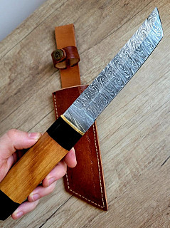 samurajský Damaškový nůž TANTO 27,5cm ručně vyrobeno + kožené pouzdro